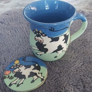 Blue and Green Cow Art Mug with Lid